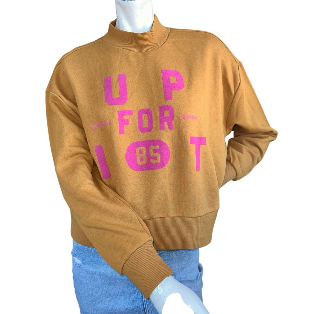 Scotch & Soda “Up For It!” Pink & Tan Mockneck Cropped Crewneck Sweatshirt XS